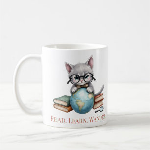 “Read. Learn. Wander.” Cute Bookish Cat Coffee Mug