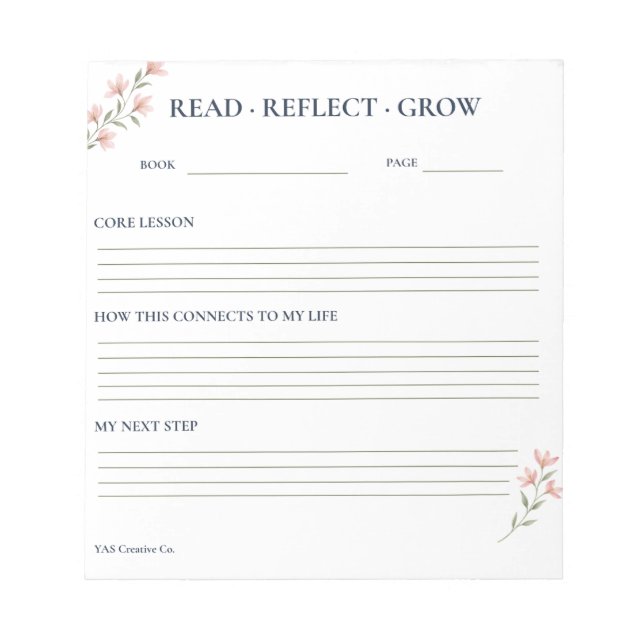 Read Reflect Grow Floral Reading Reflection Notepad (Front)