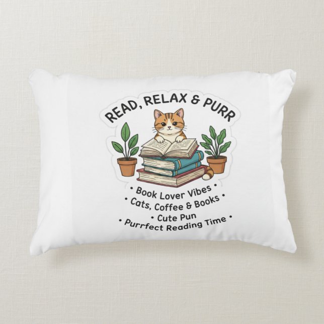 Read Relax & Purr – Cute Cat With Books Sticker |  Decorative Cushion (Front)