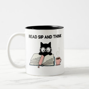 Read Sip And Think Cute Cat Reading Book & Coffee  Two-Tone Coffee Mug