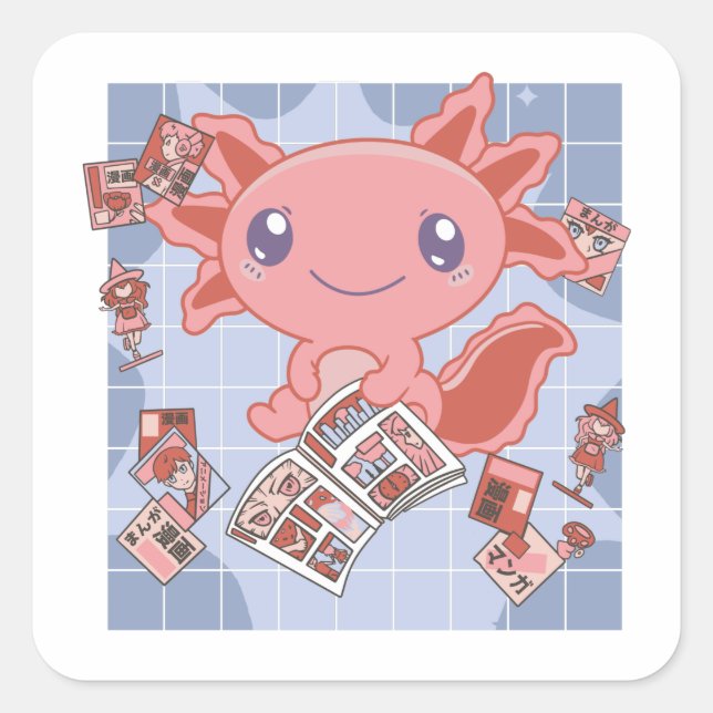 Readalotl Axolotl Lovers Sweet Animals Mangas Squa Square Sticker (Front)