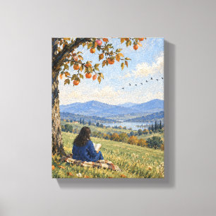 Reader beneath a Persimmon Tree Peaceful Landsca Canvas Print