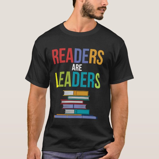 Readers Are Leaders Colourful Book Stack Art T-Shirt (Front)