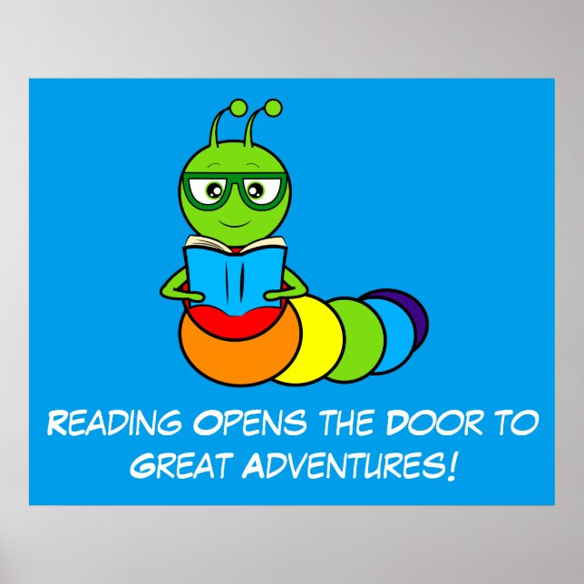 Reading Adventures with Cartoon Bookworm Poster (Front)