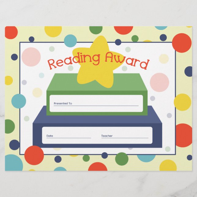 Reading Award Certificate - Polka Dots Book & Star (Front)