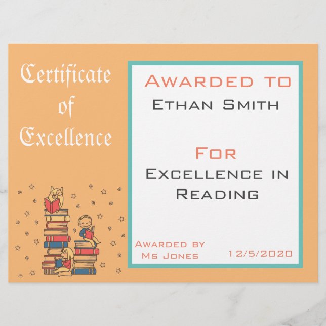 Reading Award certificate Teacher supplies (Front)