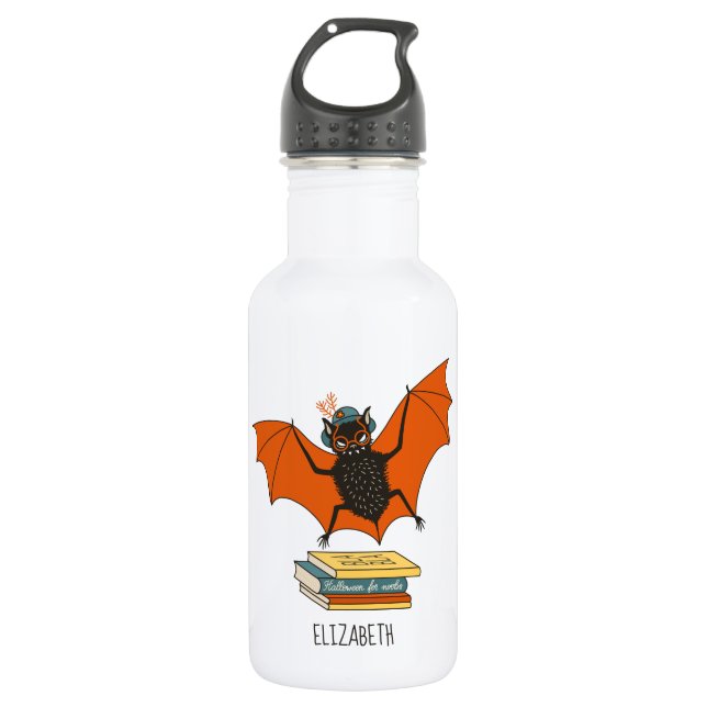 Reading Bat | Whimsical Librarian with Books 532 Ml Water Bottle (Front)