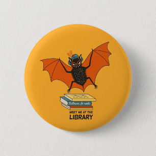 Reading Bat   Whimsical Librarian with Books 6 Cm Round Badge