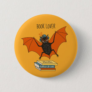 Reading Bat   Whimsical Librarian with Books 6 Cm Round Badge