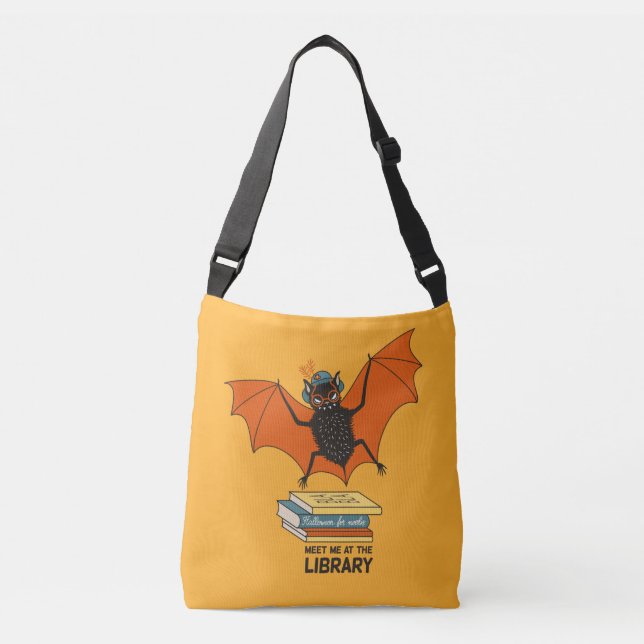 Reading Bat | Whimsical Librarian with Books Crossbody Bag (Front)