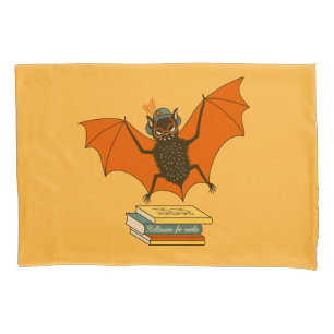 Reading Bat   Whimsical Librarian with Books Pillowcase