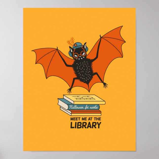 Reading Bat | Whimsical Librarian with Books Poster (Front)