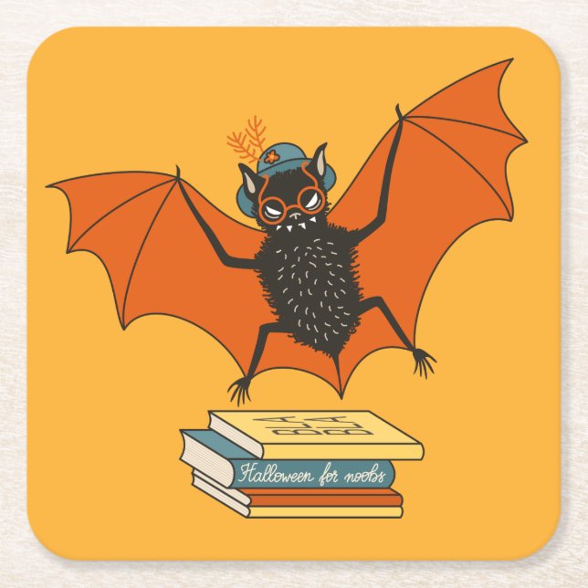 Reading Bat | Whimsical Librarian with Books Square Paper Coaster (Front)