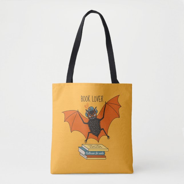 Reading Bat | Whimsical Librarian with Books Tote Bag (Front)