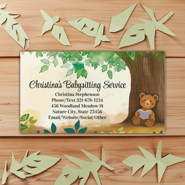 Reading Bear Babysitter Daycare Childcare Teacher Business Card (reading bear childcare teacher babysitter business card)