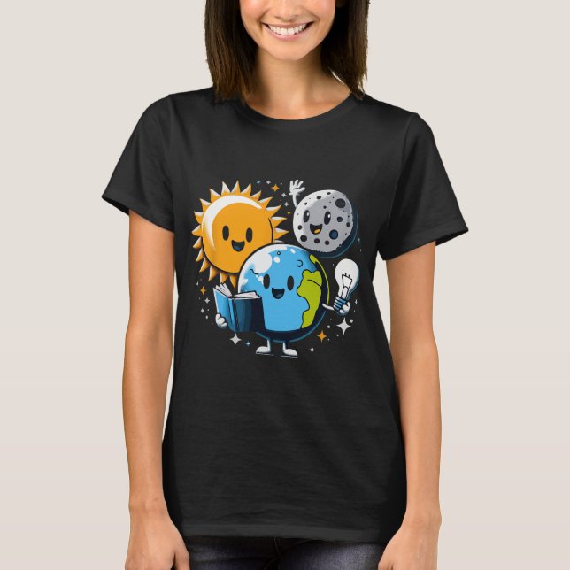 Reading Book Earth Moon Sun Funny Total Solar Ecli T-Shirt (Front)