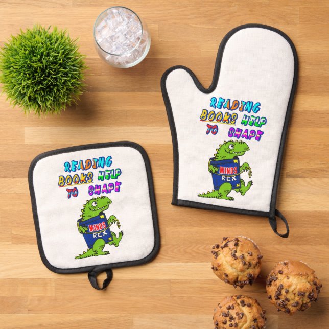 Reading Books Help To Shape Minds Oven Mitt & Pot Holder Set (Top Down)