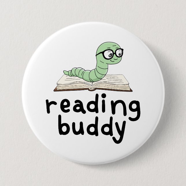 Reading Buddy Cute Bookworm With Book 7.5 Cm Round Badge (Front)