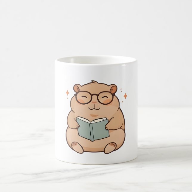 Reading Capybara with Glasses Kawaii Design Coffee Mug (Center)