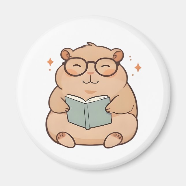 Reading Capybara with Glasses Kawaii Design Magnet (Front)
