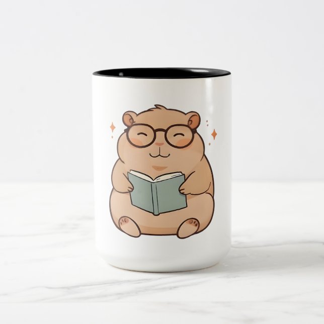 Reading Capybara with Glasses Kawaii Design Two-Tone Coffee Mug (Center)