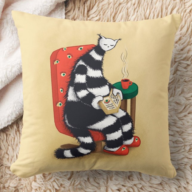 Reading Cat Book Lover Cushion (close up of a pillow opn floor with image of weird cat reading book
)