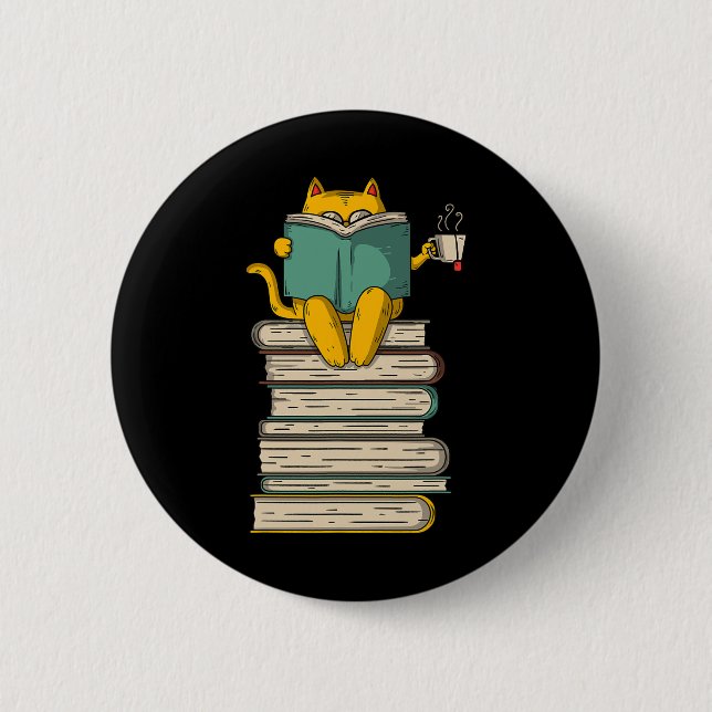 Reading Cat - Funny Book And Tea Lover Gift Short  6 Cm Round Badge (Front)