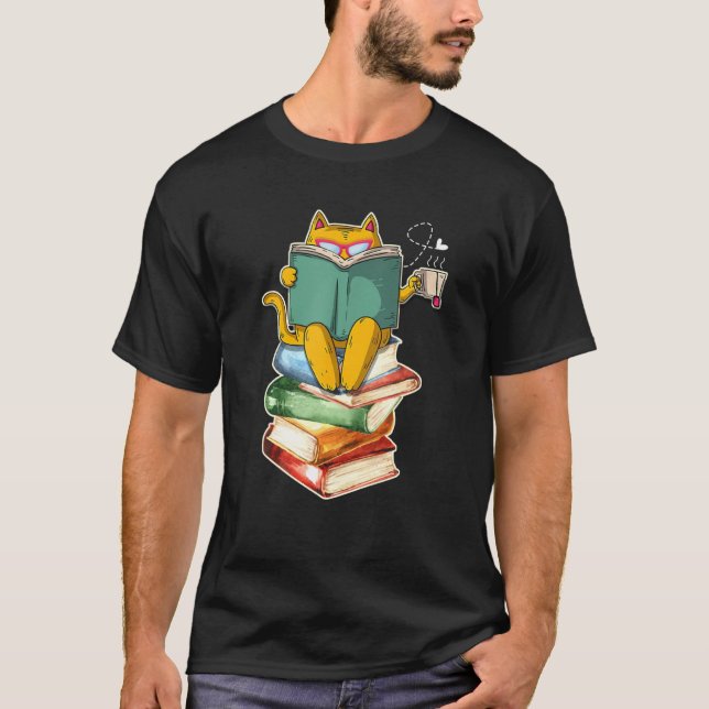 Reading Cat  Funny Book & Tea Lover T-Shirt (Front)