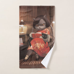 Reading Cat in Cheongsam Bath Towel Set