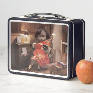 Reading Cat in Cheongsam Metal Lunch Box