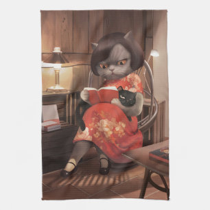 Reading Cat in Cheongsam Tea Towel