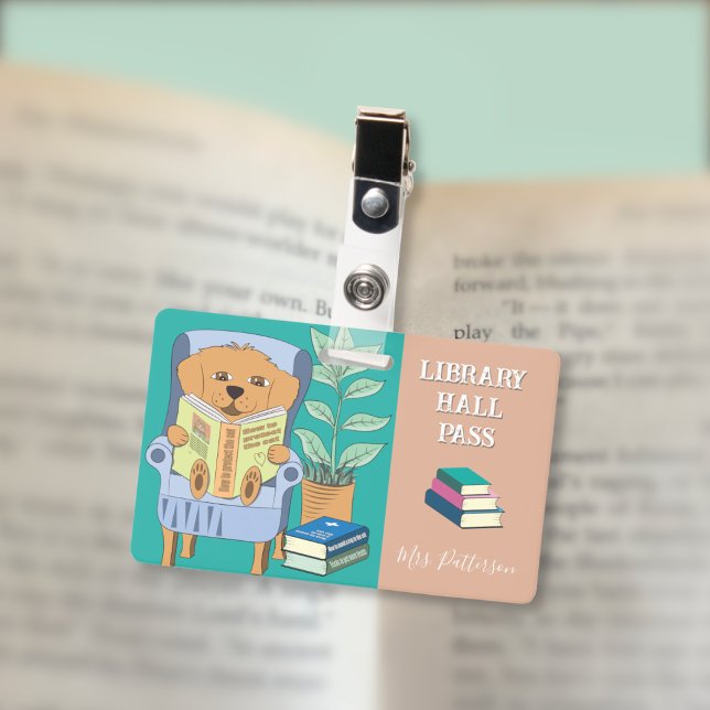 Reading Dog Horizontal Library Hall Pass Badge ID Badge (Cartoon reading dog horizontal library hall pass badge .)