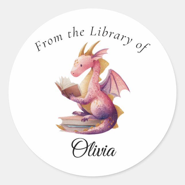 Reading Dragon Round Bookplate – From the Library  Classic Round Sticker (Front)
