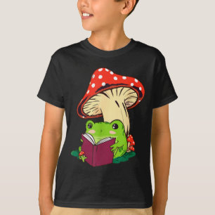 Reading Frog Mushroom Cute Nature Aesthetic Cottag T-Shirt