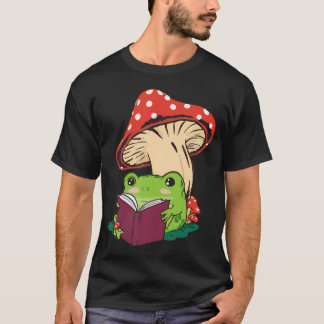 Reading Frog Mushroom Cute Nature Aesthetic T-Shirt