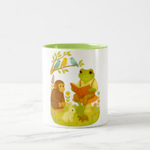Reading Frog on Mushroom Vintage Storytime Forest Two-Tone Coffee Mug