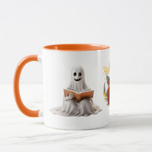 Reading Ghost and Pumpkin" Halloween Mug