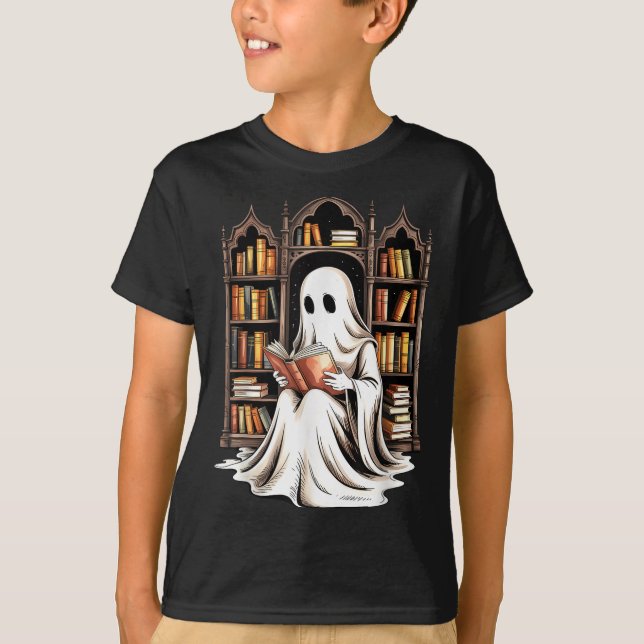 Reading Ghost Spooky Library Funny Halloween Teach T-Shirt (Front)