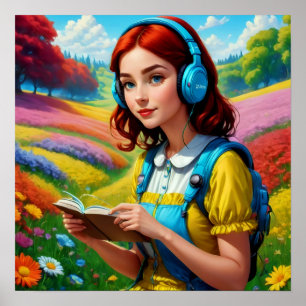 Reading Girl With Headphones Colourful Landscape Poster