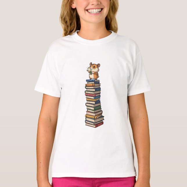 Reading Hamster on Book Tower Kids T-Shirt (Front)