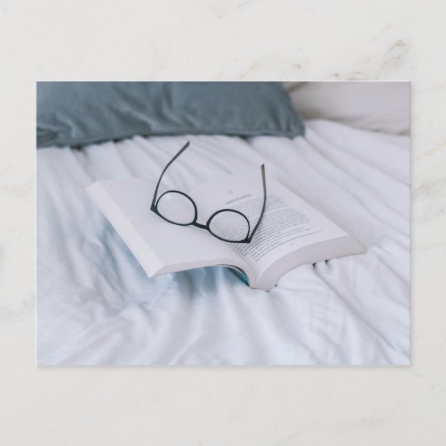 reading in bed minimal white sheets literary postcard (Front)