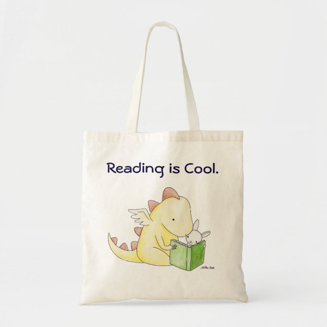 Reading is cool Dragon Bunny Library Book Literacy Tote Bag (Front)