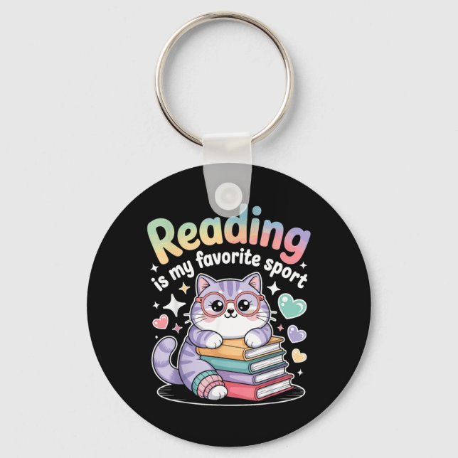 Reading is Favourite Sport Funny Cat Book Lover Key Ring (Front)