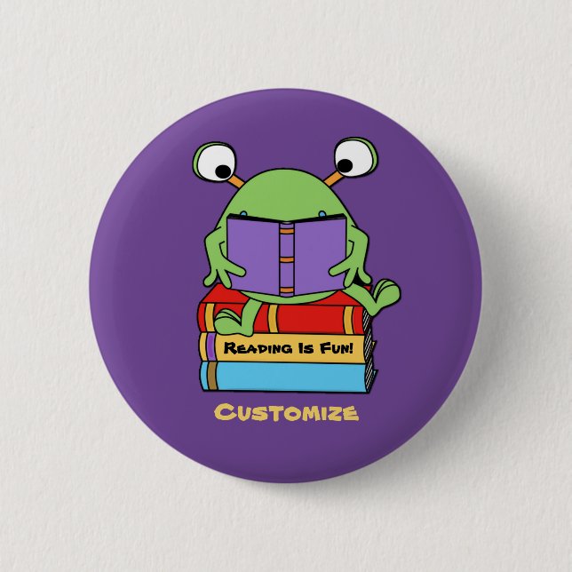 Reading Is Fun Cute Book Loving Alien Button (Front)
