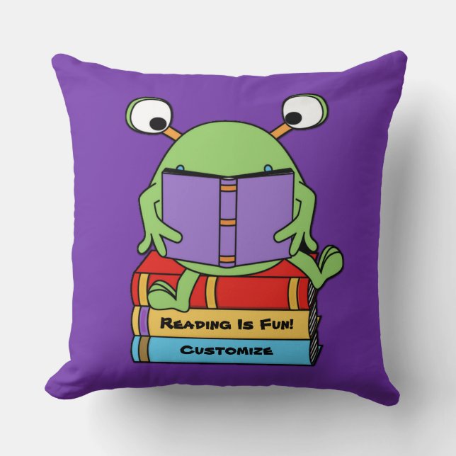 Reading Is Fun Cute Book Loving Alien Cushion (Front)