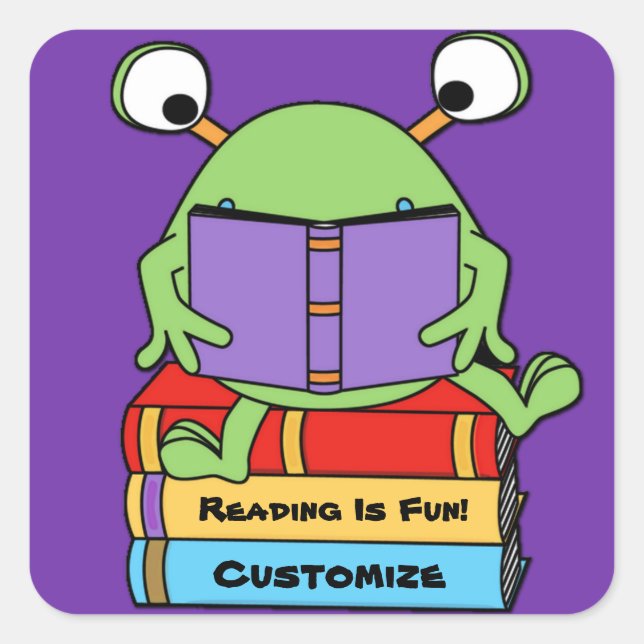 Reading Is Fun Cute Book Loving Alien Square Sticker (Front)