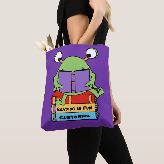 Reading Is Fun Cute Book Loving Alien Tote Bag (Close Up)