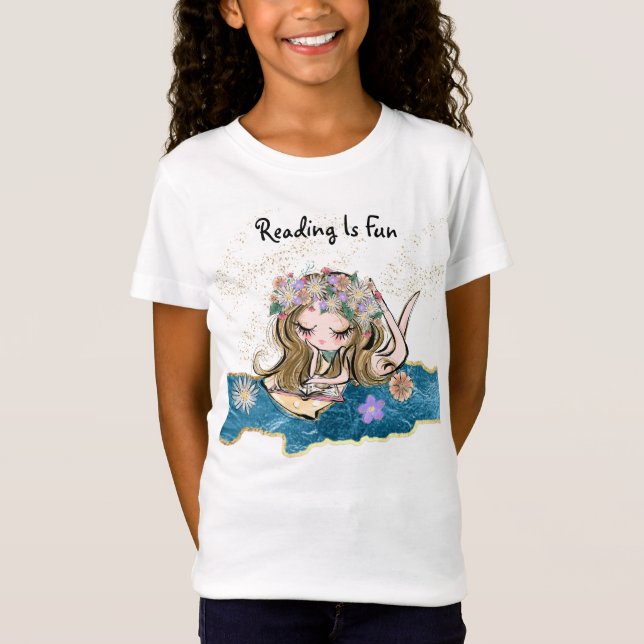 *~*  READING IS FUN Flower Girl Child Gold Blue T-Shirt (Front)