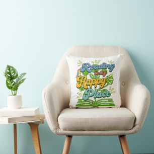 Reading is My Happy Place Colorful Throw Pillow