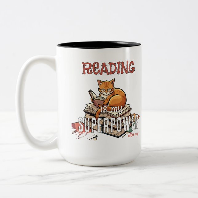 Reading Is My Superpower Cat Lover Gift Two-Tone Coffee Mug (Left)